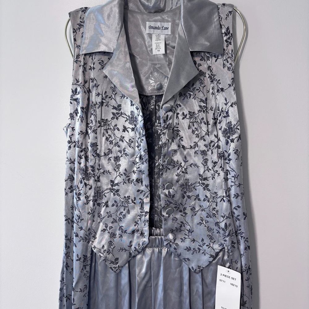 Amanda Lane Vintage Silver Floral Jacquard Satin 2 Piece Vest Pants Set Size 10 - Picture 13 of 15